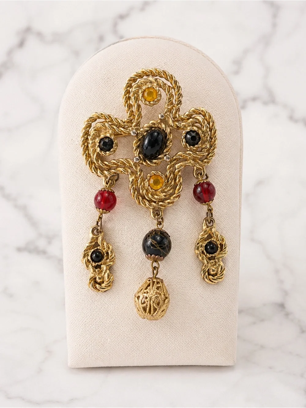 Vintage Gold Tone Dangle Brooch Black Red Amber Stones 4.5” Statement Pin